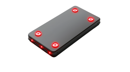 White battery indicator with red glowing leds, a visual representation of power and charge status