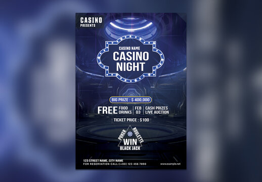 Casino Night Party Editable Flyer with Neon Lights and Gambling Theme.