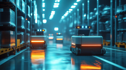 Fototapeta premium Autonomous transport robots and self-driving forklifts navigate a high-tech warehouse with neon lighting