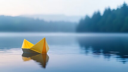 A serene scene featuring a yellow paper boat floating on a calm lake, surrounded by misty trees and soft reflections.