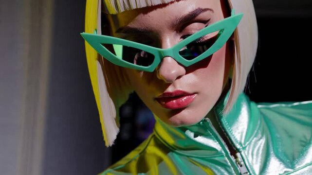 stylized close-up portrait of a fashion-forward woman with platinum blonde bob-cut hair, wearing angular mint green cat-eye sunglasses and a shimmering matching jacket.  