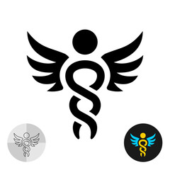 Medical symbol caduceus stylized concept - human figure with wings. Black tattoo silhouette of angel.