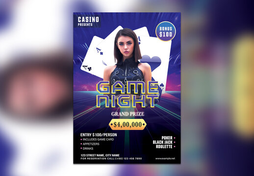 Game Night Casino Flyer with Glamorous Woman and Poker Theme, Editable Design for Club Presents.