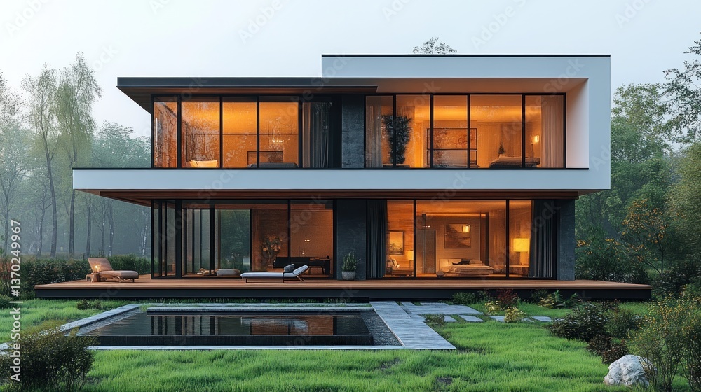 Poster modern two-story house with pool and forest view at dusk.