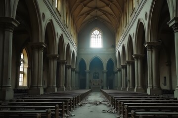 Fototapeta premium A crumbling, abandoned cathedral once used as a secret meeting place for mafia deals. 
