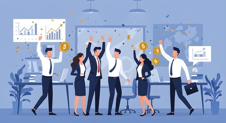 Business success scene Professionals in suits celebrating positive growth with high-fives, confetti, and digital charts. Clean flat design, ideal for corporate presentations.