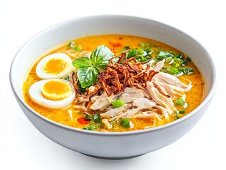 Serving of Chicken Ramen Noodle Soup with Egg and Basil Topping