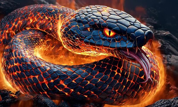 Coiled reptile with fiery glow, menacing eyes, & forked tongue, set against dark rocks & hazy light