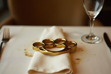 A set of brass knuckles resting on a stained white linen napkin atop a fine dining table.  