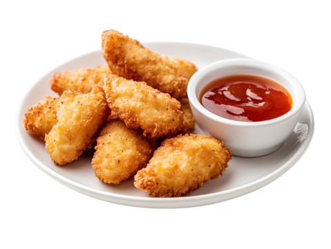 Alter the perspective of KFC's chicken nuggets, now served on an elegant plate with sweet and sour sauce in a small bowl. The dish is placed against a Transparent background PNG