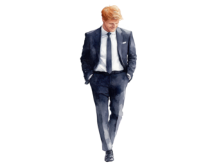 Confident businessman in suit and tie walks with purposeful stride, embracing corporate success