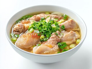 Chicken Noodle Soup Bowl with Green Onions on White Background