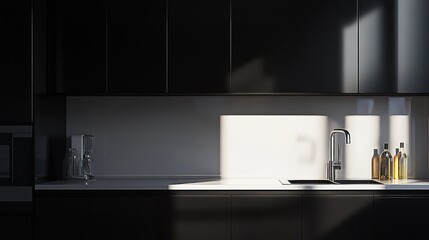 Modern kitchen interior, sunlight, countertop, sink, dark cabinets