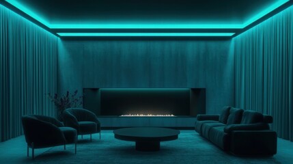 Modern Teal Living Room at Night