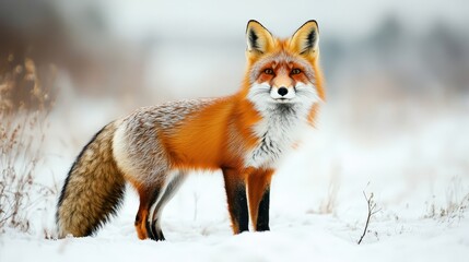 Obraz premium A curious fox standing in a snowy landscape, its bright orange fur contrasting beautifully with the white surroundings