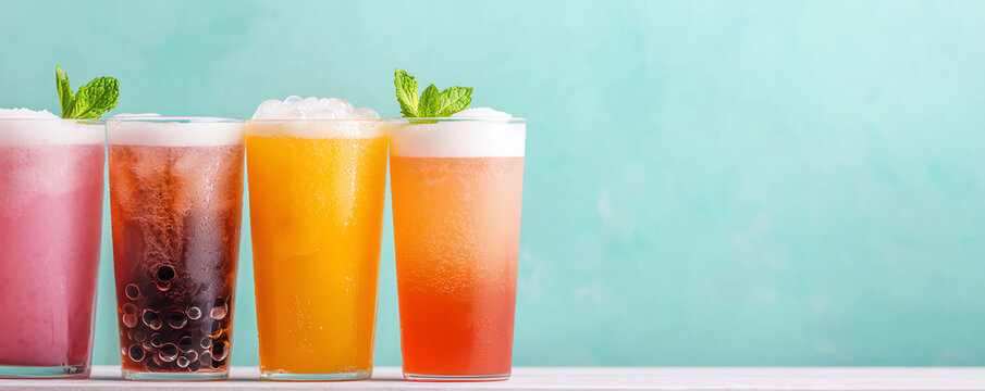 Refreshing drinks with vibrant colors showcase excess of sugar and glucose delightful flavors
