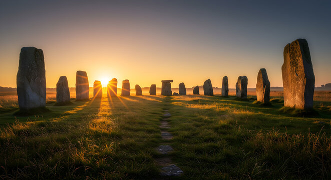 Mystical stone circle at sunrise, evoking ancient rituals and natural beauty