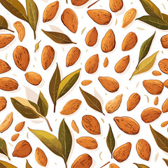 Realistic and artistic representations of almonds, almond farming, processing, and almond-based all isolated on a white background.
