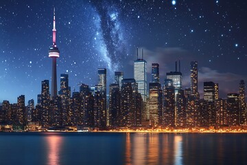 Toronto skyline at night with stunning starry sky and city lights reflecting in water