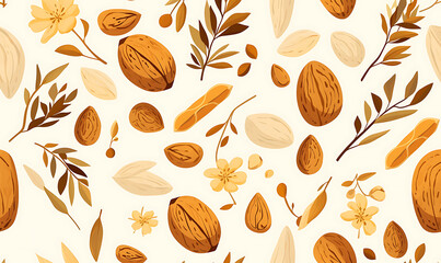Realistic and artistic representations of almonds, almond farming, processing, and almond-based all isolated on a white background.