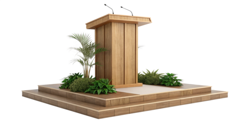 Elegant Wooden Podium with Two Microphones and Lush Greenery on a MultiTiered Platform