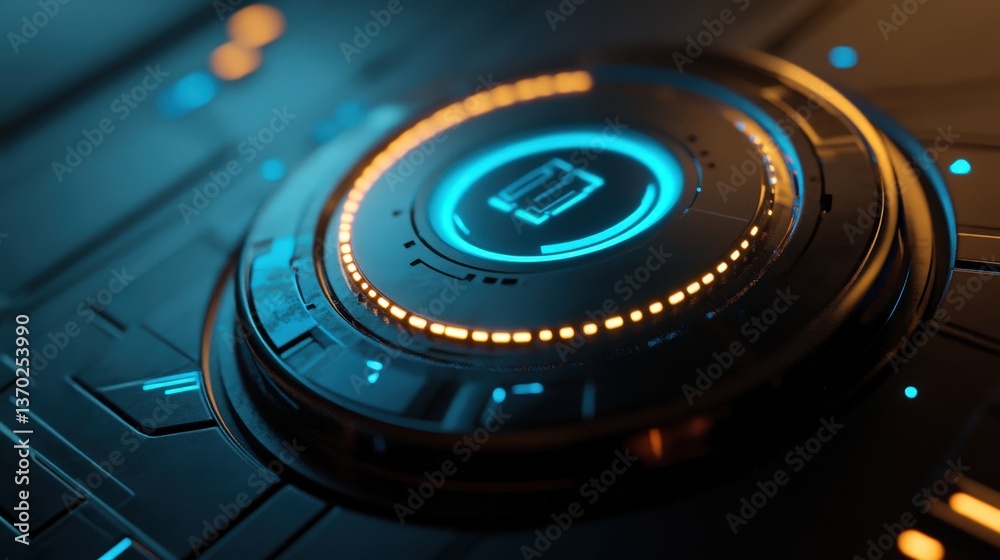 Poster a cyber-inspired push button with an illuminated surface, designed for ai-driven applications