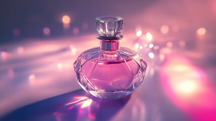 Elegant perfume bottle reflecting in soft, romantic diffused lighting