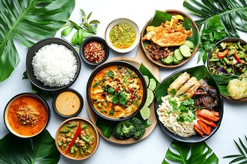 Delicious Thai Cuisine Dishes: Pad Thai, Green Curry and Sticky Rice, Authentic Asian Food