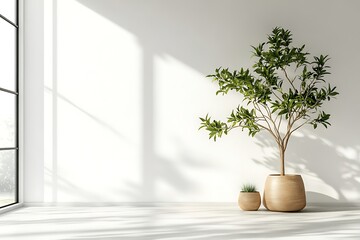 Bright interior with window light, potted plant, and blank white wall. Modern design
