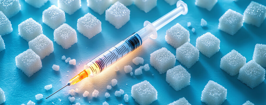 Sugar cubes surround syringe symbolizing excess glucose in our diets and its impact on health