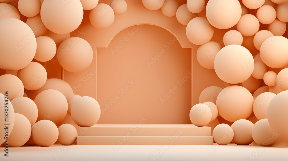 Fototapete peach pastel sphere background with arch and display platform
