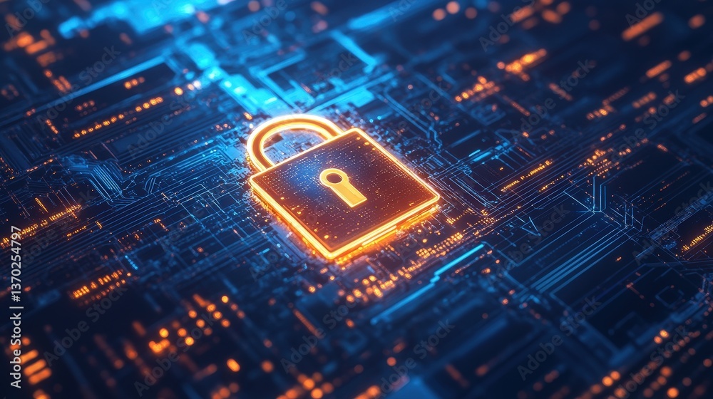 Poster a cybersecurity concept featuring a glowing digital lock surrounded by data streams and encryption c