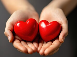 Obraz premium Hands Holding Two Red Hearts