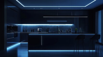 Obraz premium Modern dark kitchen interior at night with blue lighting