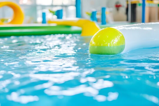 Playful indoor pool area with bright inflatable obstacles & blue water