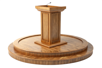 Elegant Wooden Podium with Integrated Microphone on a Circular Raised Stage