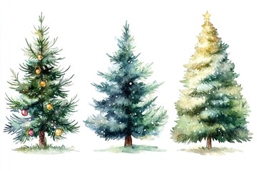 Fototapeta premium Hand-Painted Watercolor Christmas Trees – Festive Collection on a White Background for Holiday Cards