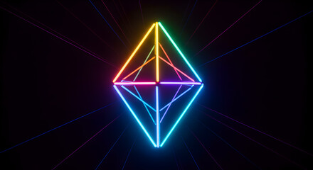 Fototapeta premium Geometric Prism of Neon Lights Shining Against a Dark Backdrop Creates a Portal