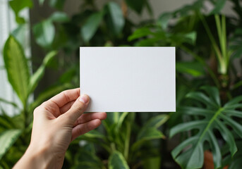 Greeting Card mockup design. Hand holding Blank white greeting card mockup in blur plants.