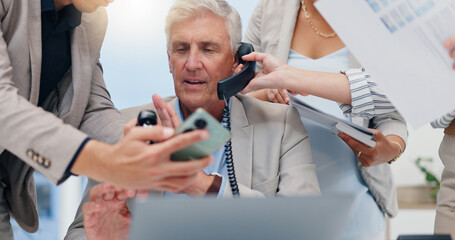 Obraz premium Businessman, hands and multitasking with phone call, documents or laptop for deadline at insurance agency. CEO, people and chaos by computer, smartphone or paperwork for project management in office