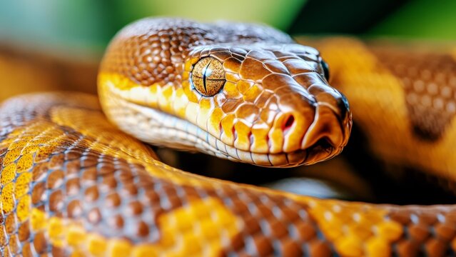 Close-Up of Coiled Python Snake with Vibrant Scales, Captured in Indonesia, Exotic Reptile Wildlife Photography