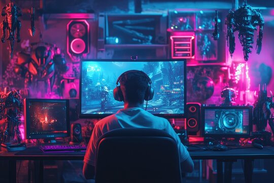 Gamer Immersed In Neon Lit Gaming Setup