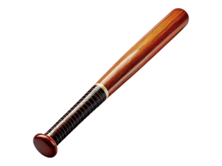 High-angle close-up studio shot of a wooden baseball bat with a textured grip.  The rich wood grain and detailed handle offer versatility for sports, crime scene recreations, or conceptual imagery.