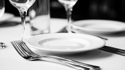 Elegant Table Setting with White Plate and Silverware in Black and White