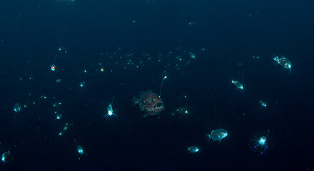 Bioluminescent deep-sea ecosystem showcases a unique array of marine organisms