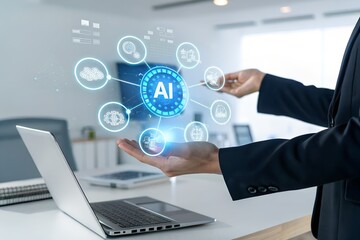 Human and technology AI, Artificial Intelligence Learning and exchange between people, Woman holding light bulb with the brain of AI, Business Development, Transfer data, Target success, communication