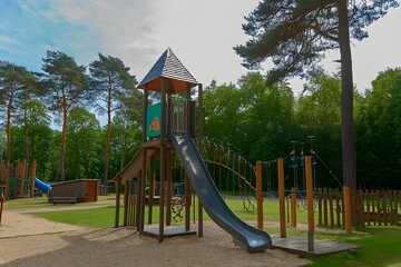 Playground Tall slide and play structure within a forest setting