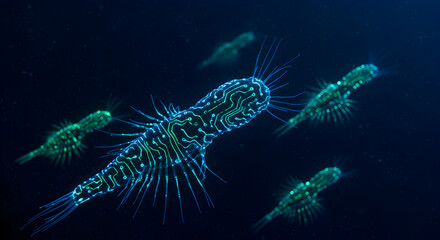 Futuristic bioluminescent sea creatures with circuit patterns in deep ocean waters