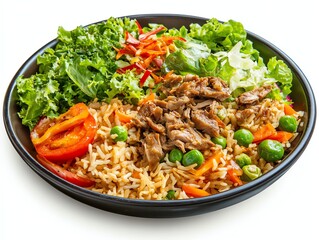 Healthy Rice Bowl with Meat Vegetables and Fresh Salad for Lunch