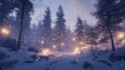 Fototapeta premium Enchanted Winter Forest with Snowfall and Gentle Glowing Lights